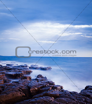 Mystical Seascape at Evening. Adriatic Sea. Long Exposure. Smooth Water.
