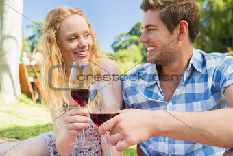 Young couple on a picnic drinking wine