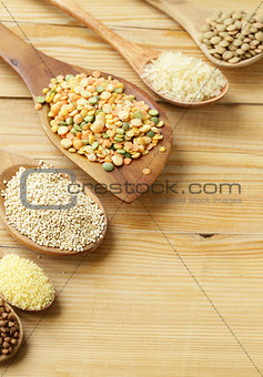 assortment of different grains - buckwheat, rice, lentils