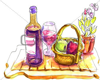Wine tasting sketch - pen and watercolor drawings