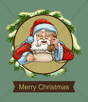 Santa reading letter and talking on phone. Template greeting card