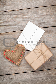 Valentines day toy heart, blank greeting card and gift box