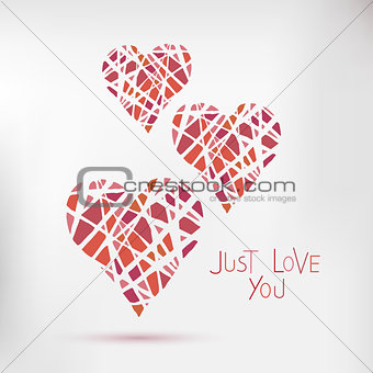 Handdrawn painted hearts, vector card for Valentines day