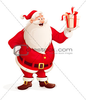Merry Santa Claus with Christmas gift in hand