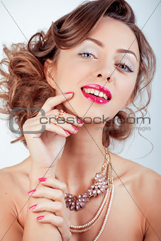 beauty young luxury woman with jewellery, rings, nails close up on white isolated