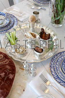 Passover seder plate close up.