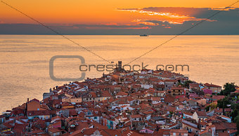 Sunset Over Adriatic Sea and Old Town of Piran, Slovenia