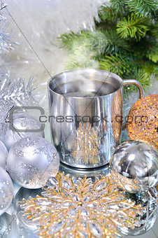 Christmas decorations with a mug of hot coffee