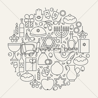 Happy Hanukkah Holiday Line Icons Set Circular Shaped