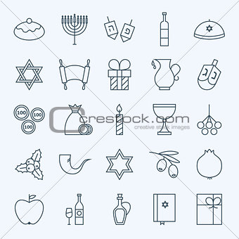 Line Holiday Happy Hanukkah Icons Set