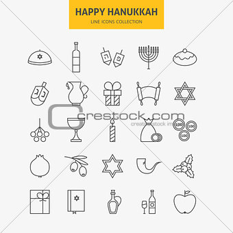 Line Jewish Happy Hanukkah Icons Big Set