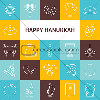 Thin Line Art Happy Hanukkah Jewish Holiday Icons Set