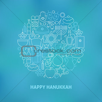Thin Line Jewish Happy Hanukkah Holiday Icons Set Circle Shaped 