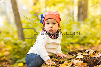 Cheerful little girl on a stump in the woods of autumn park