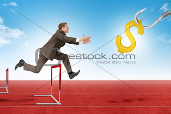 Man hoppin over treadmill barrier with dollar sign
