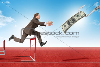 Man hopping over treadmill barrier with dollar