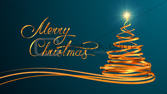 Gold Text Design Of Merry Christmas And Christmas Tree From Gold Tapes Over Cyan Background