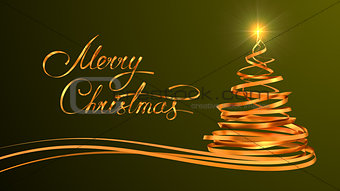 Gold Text Design Of Merry Christmas And Christmas Tree From Gold Tapes Over Green Background