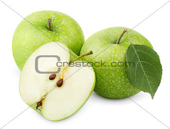 Green apples with leaf and half isolated on a white