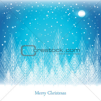 Winter forest on Christmas postcard background.
