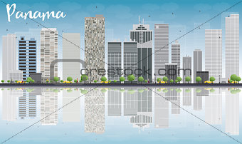 Panama City skyline with grey skyscrapers and reflections