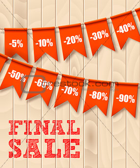 Vector realistic banner with red party flags on light wooden background. Includes different kind of discounts and SALE phrase.