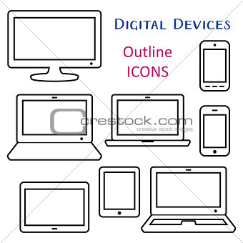 Black vector digital device outline icons