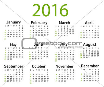 Vector illustration of a modern and simple calendar 2016