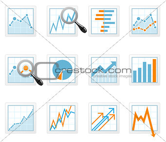 Statistics and analytics data icons with diagrams