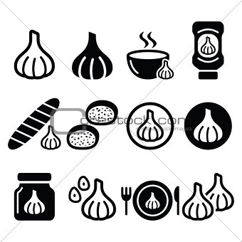 Garlic, food icons set - garlic sauce, soup and bread vector designs