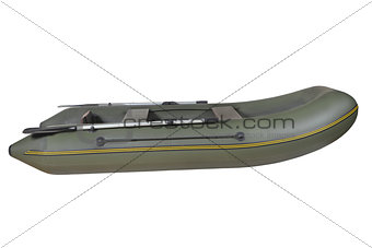 Green, rubber, inflatable rowing boat, isolated on white backgro