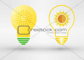 Light bulb with solar panels texture and sun. Vector