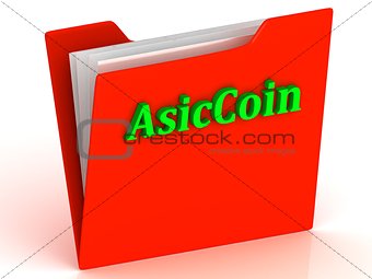 AsicCoin- bright green letters on a gold folder 