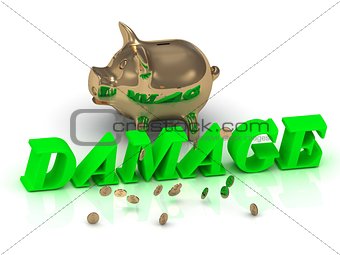 DAMAGE- inscription of green letters and gold Piggy 