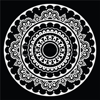 Mehndi, Indian Henna floral tattoo white round pattern on black