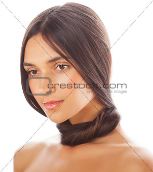 young fresh brunette tann girl with beauty hairstyle isolated on white close up, soft spa face