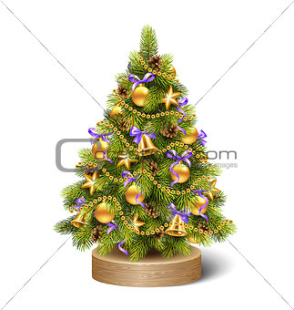 Festive Decoration Christmas Tree Pine on Wooden Stand Isolated