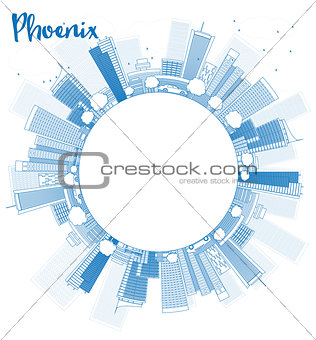 Outline Phoenix Skyline with Blue Buildings and copy space