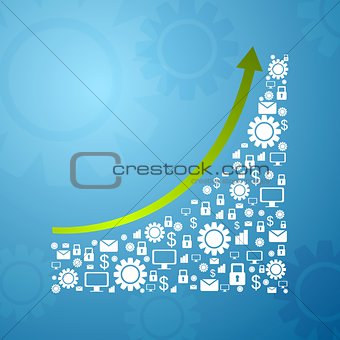 Abstract growing graph arrow with communication icons