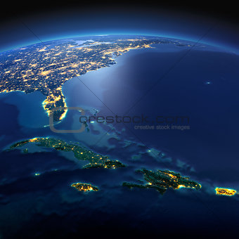 Detailed Earth. Caribbean islands. Cuba, Haiti, Jamaical on a mo
