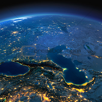 Detailed Earth. Caucasus and the Caspian Sea on a moonlit night