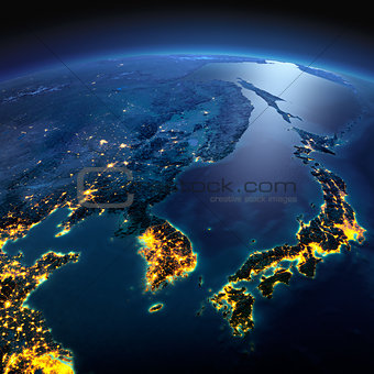 Detailed Earth. Korea and Japan on a moonlit night