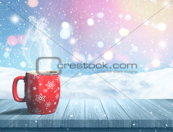 3D steaming Christmas mug on a wooden table against a snowy land