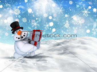 3D Christmas snowman carrying stack of gifts