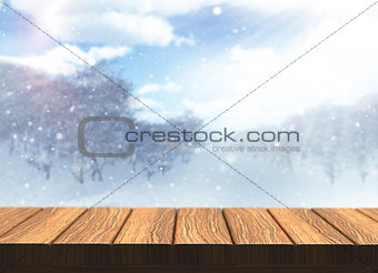 3D wooden table with defocussed snowy landscape