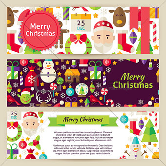 Merry Christmas Vector Template Banners Set in Modern Flat Style