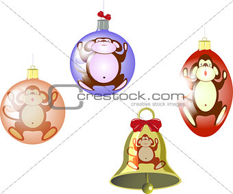 Set of Christmas tree balls and a bell with a monkey. EPS10 vector illustration