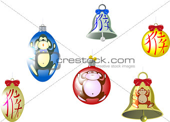 Set of Christmas tree balls and a bell with a monkey and hieroglyph. Translation of hieroglyph - monkey. EPS10 vector illustration
