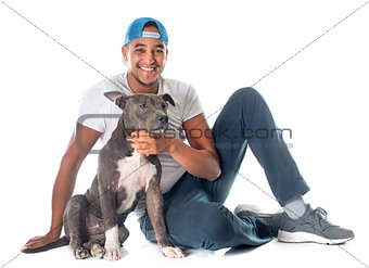 man and puppy american staffordshire terrier