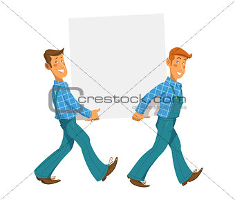 Two mans carry empty plate